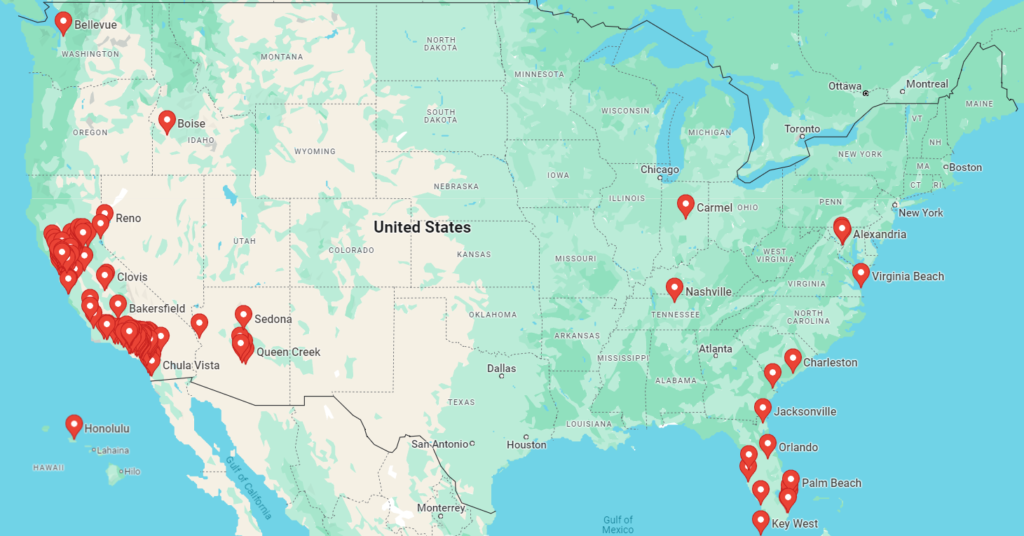 Map of USA with pins on our city website locations